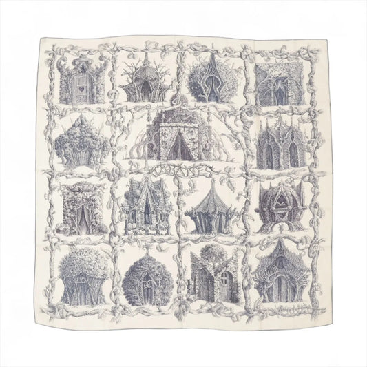 Hermès Carré Géant "LES CABANES" Cashmere & Silk Scarf in in Beige x Navy
