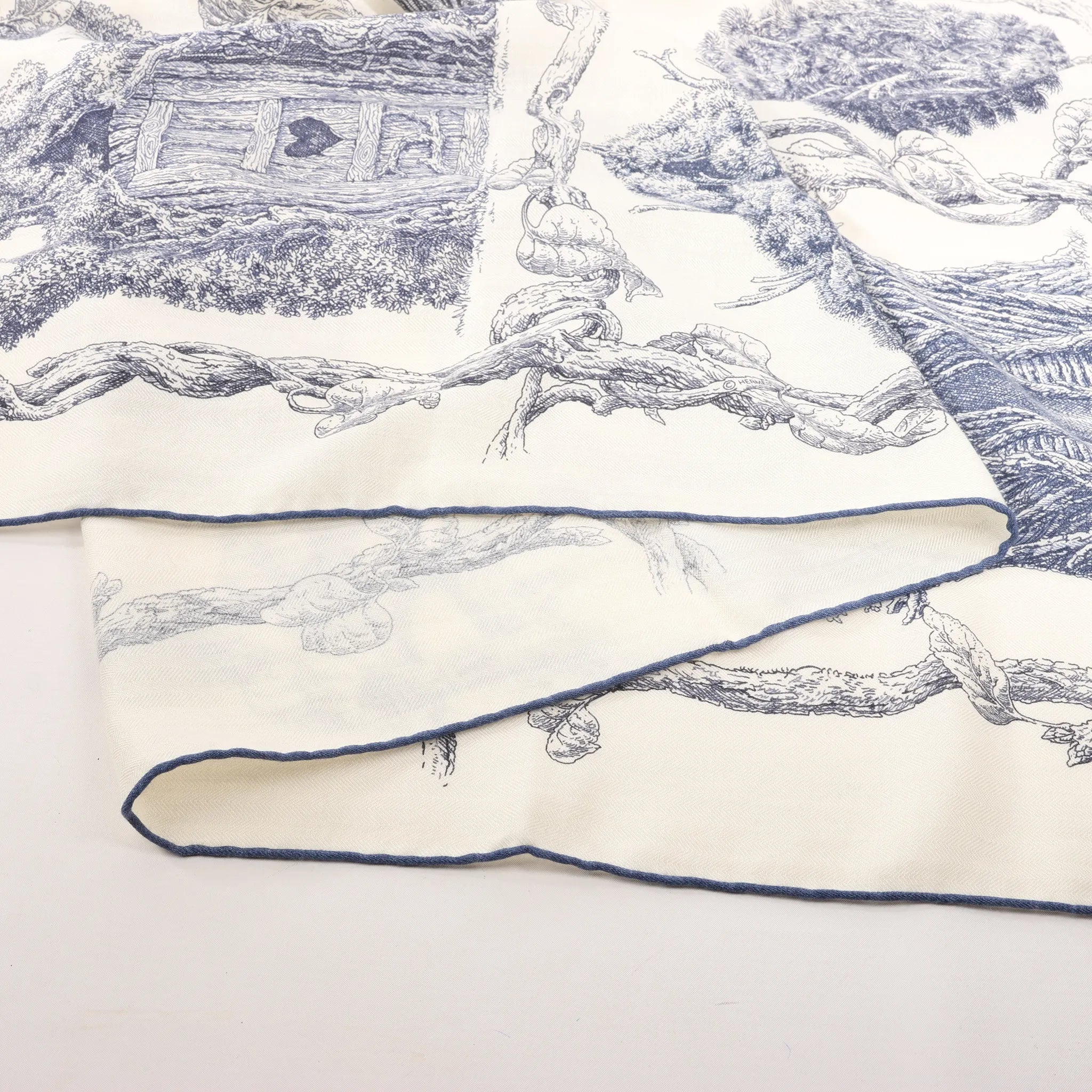 Hermès Carré Géant "LES CABANES" Cashmere & Silk Scarf in in Beige x Navy