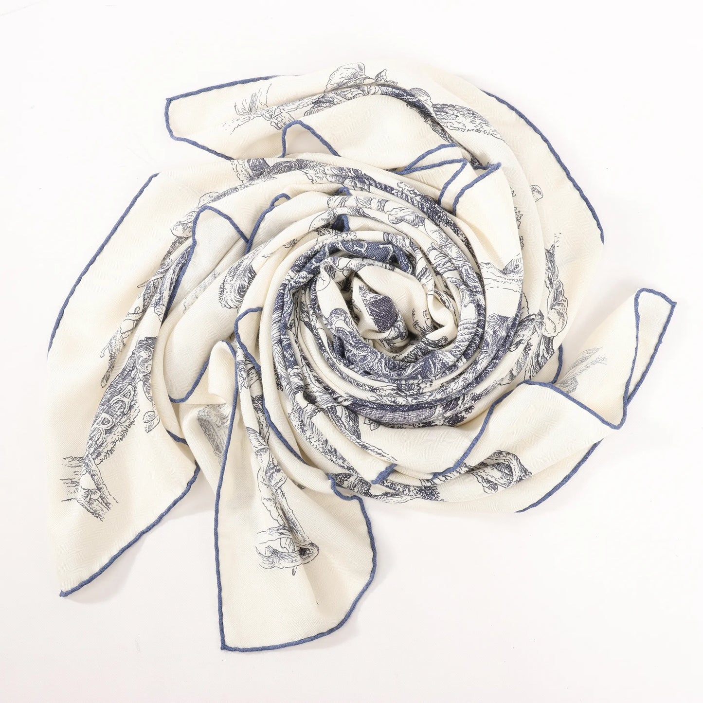 Hermès Carré Géant "LES CABANES" Cashmere & Silk Scarf in in Beige x Navy