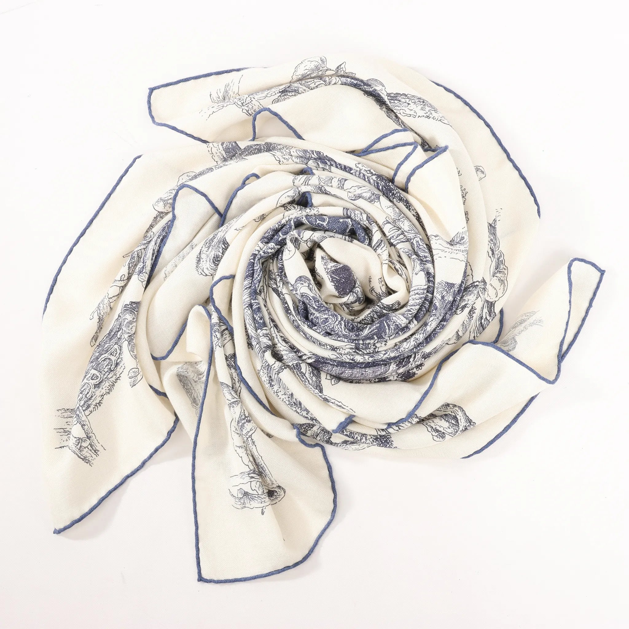 Hermès Carré Géant "LES CABANES" Cashmere & Silk Scarf in in Beige x Navy