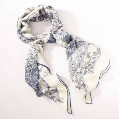 Hermès Carré Géant "LES CABANES" Cashmere & Silk Scarf in in Beige x Navy