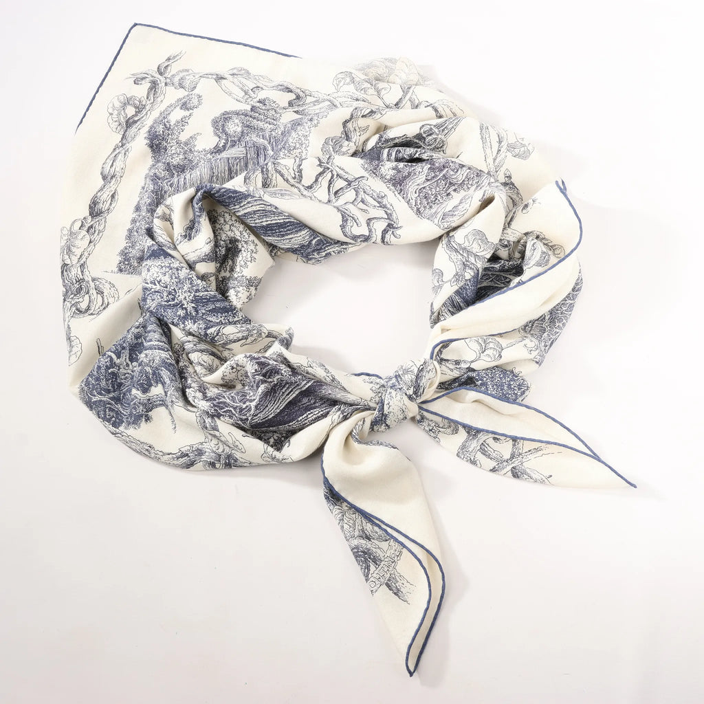 Hermès Carré Géant "LES CABANES" Cashmere & Silk Scarf in in Beige x Navy