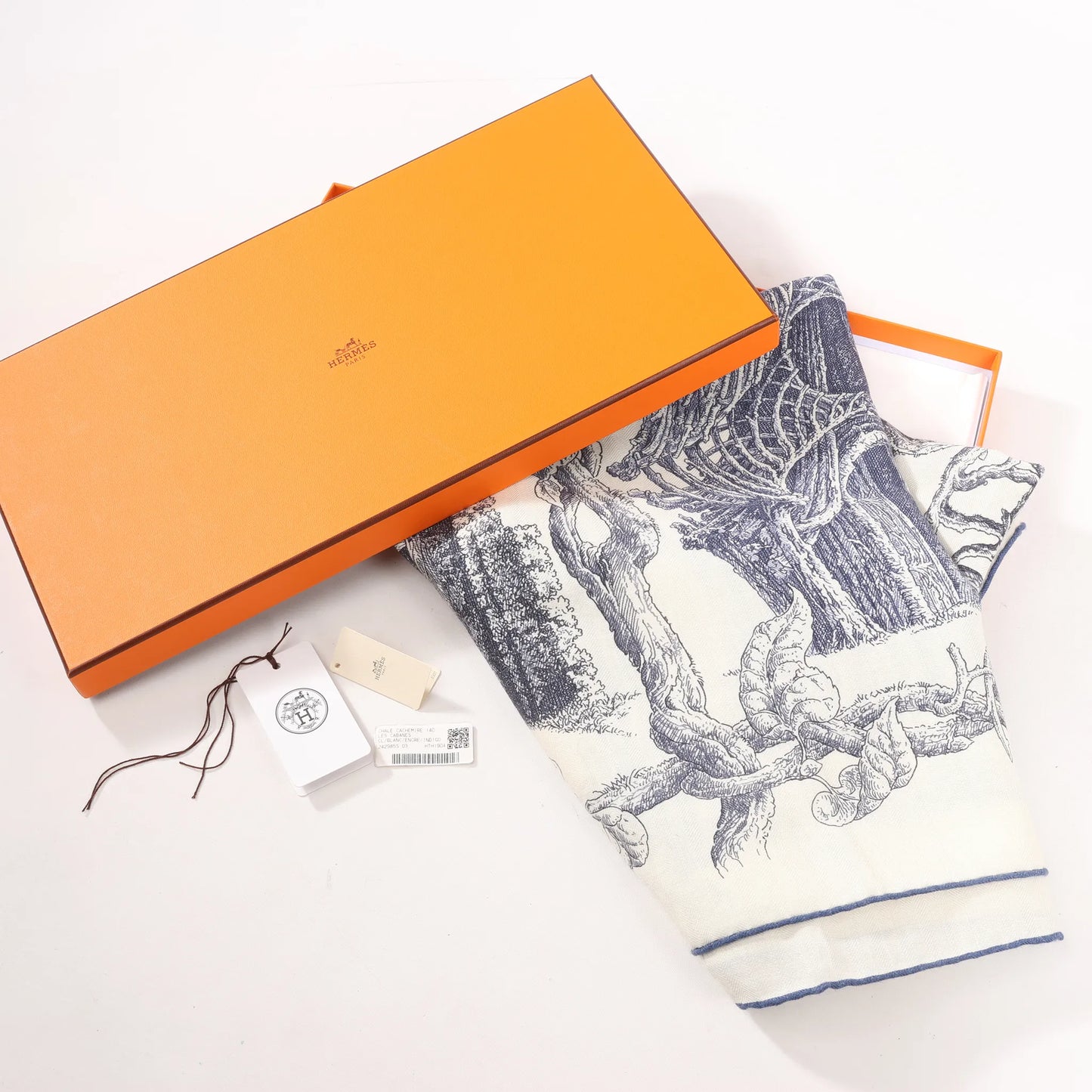 Hermès Carré Géant "LES CABANES" Cashmere & Silk Scarf in in Beige x Navy