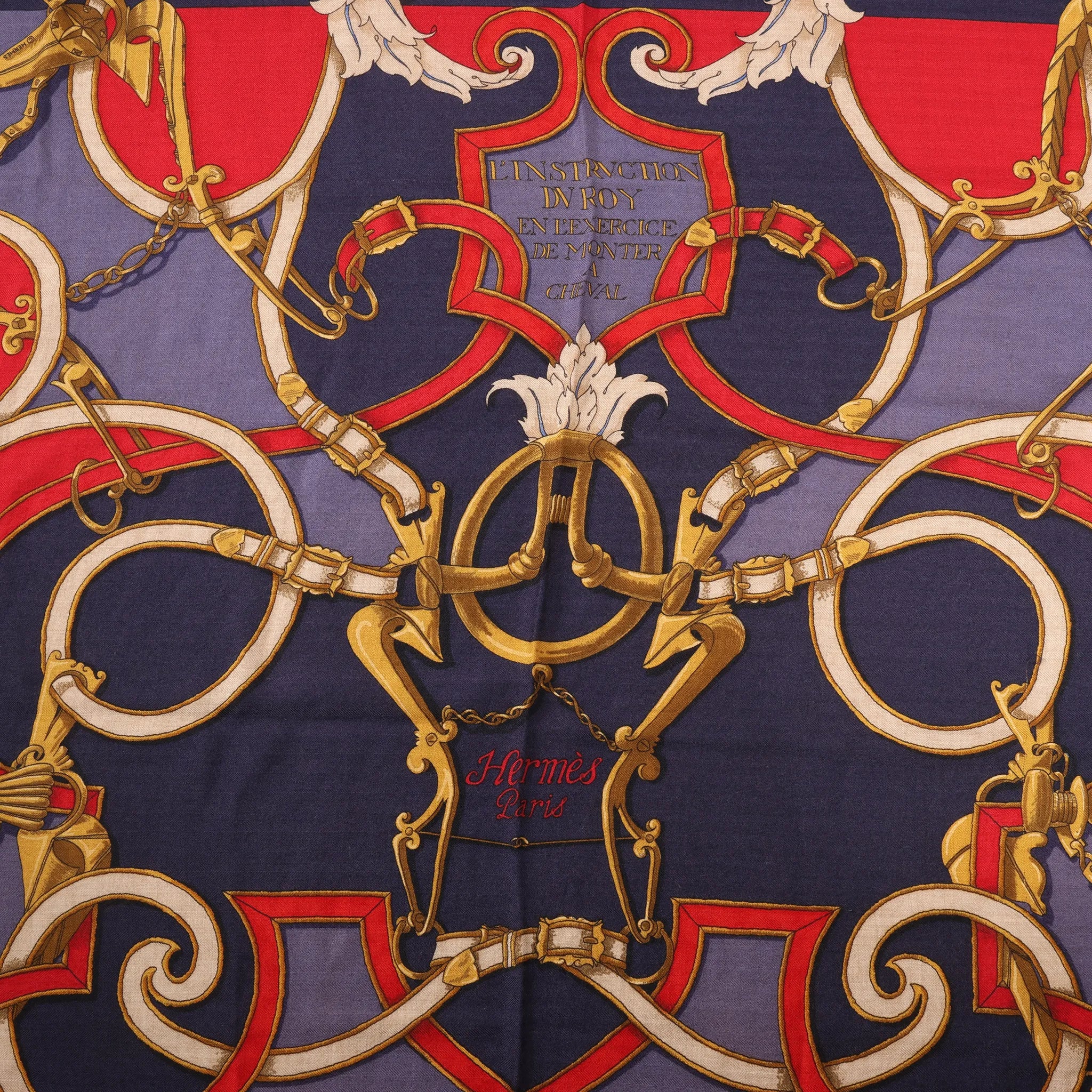 Hermès Carré Géant "L'INSTRUCTION DUROY" Cashmere & Silk Scarf in in Navy Blue x Red