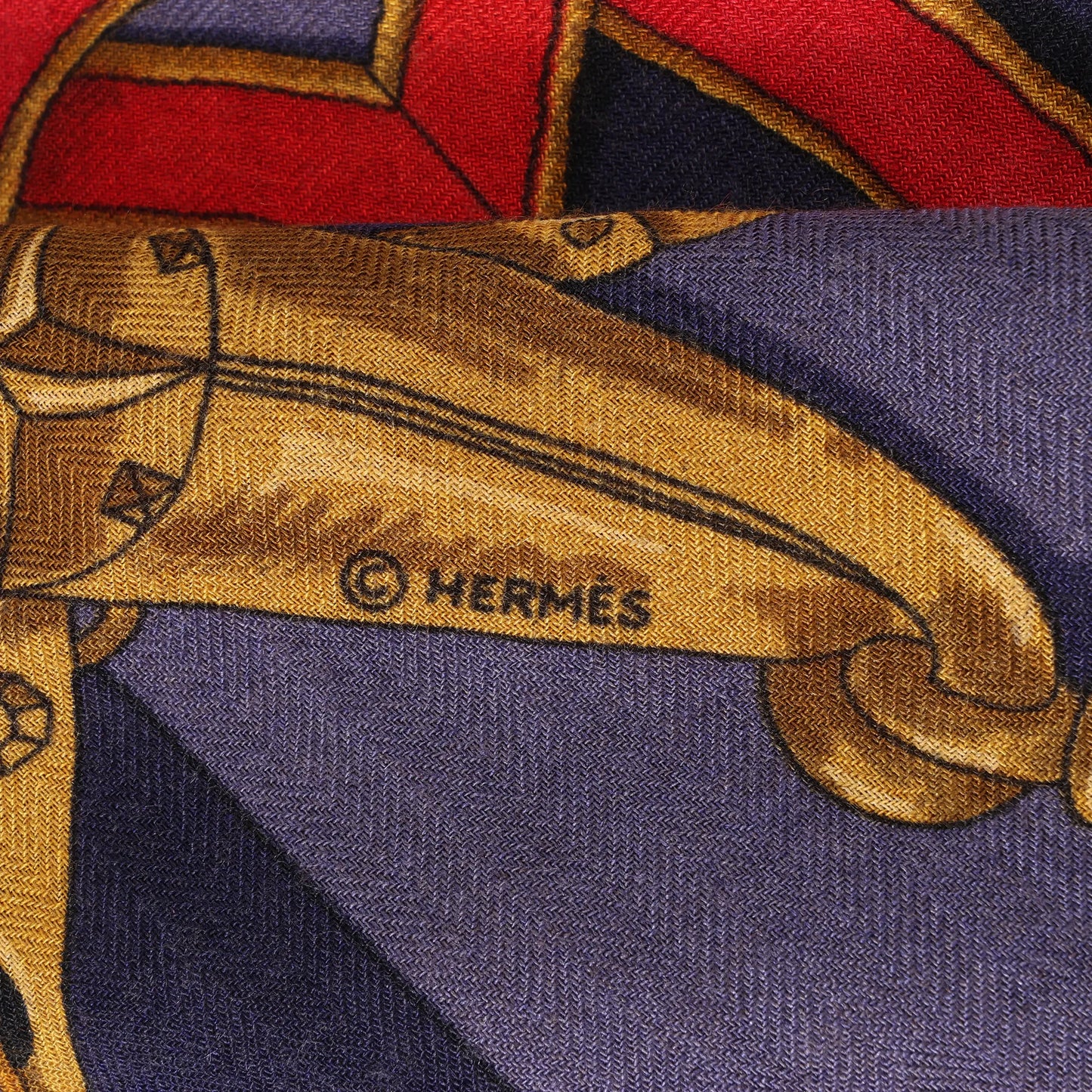 Hermès Carré Géant „L'INSTRUCTION DUROY“ Kaschmir- und Seidenschal in Marineblau x Rot