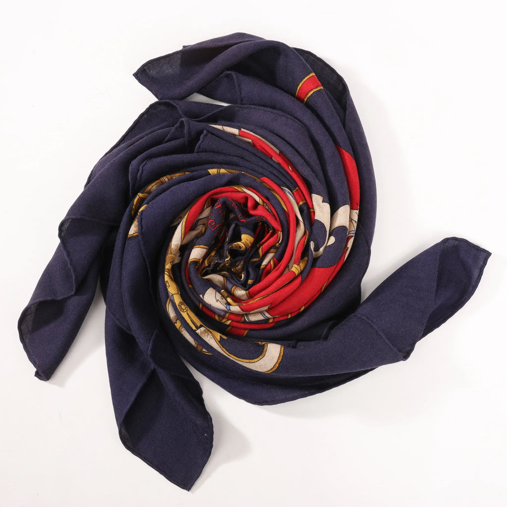 Hermès Carré Géant "L'INSTRUCTION DUROY" Cashmere & Silk Scarf in in Navy Blue x Red