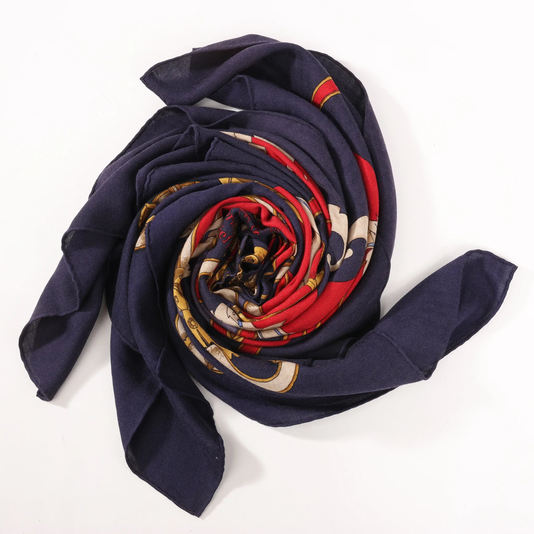 Hermès Carré Géant "L'INSTRUCTION DUROY" Cashmere & Silk Scarf in in Navy Blue x Red