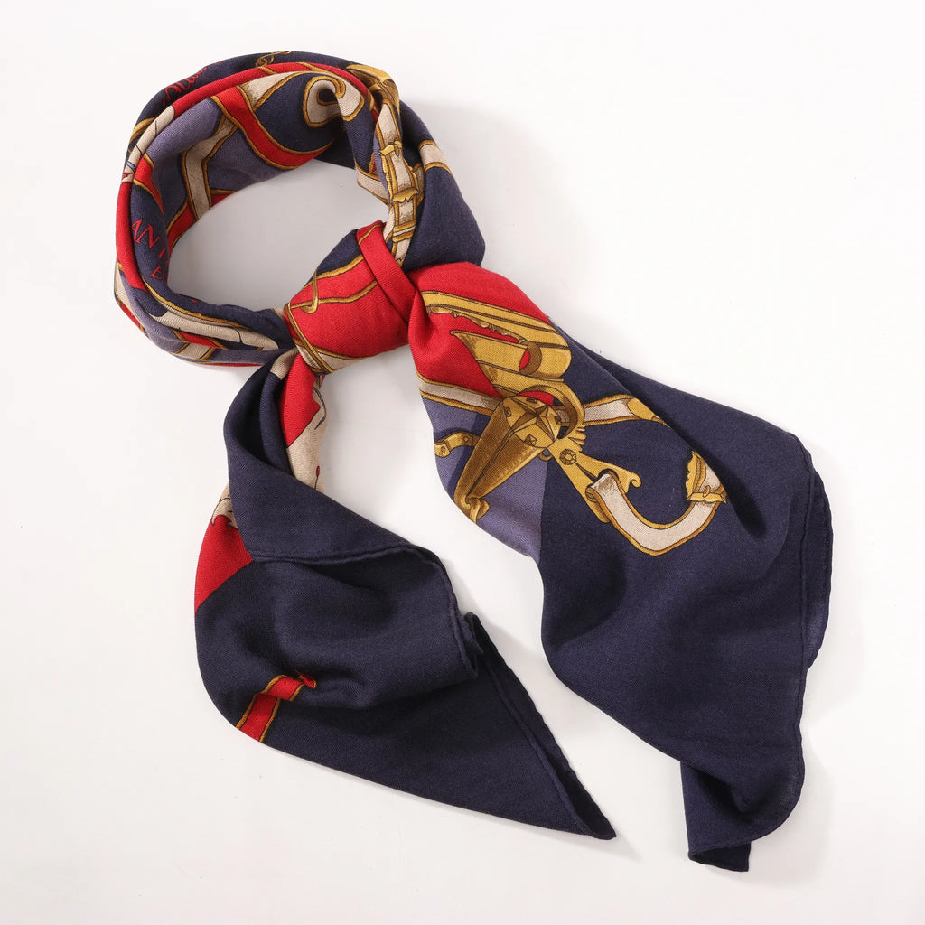 Hermès Carré Géant "L'INSTRUCTION DUROY" Cashmere & Silk Scarf in in Navy Blue x Red