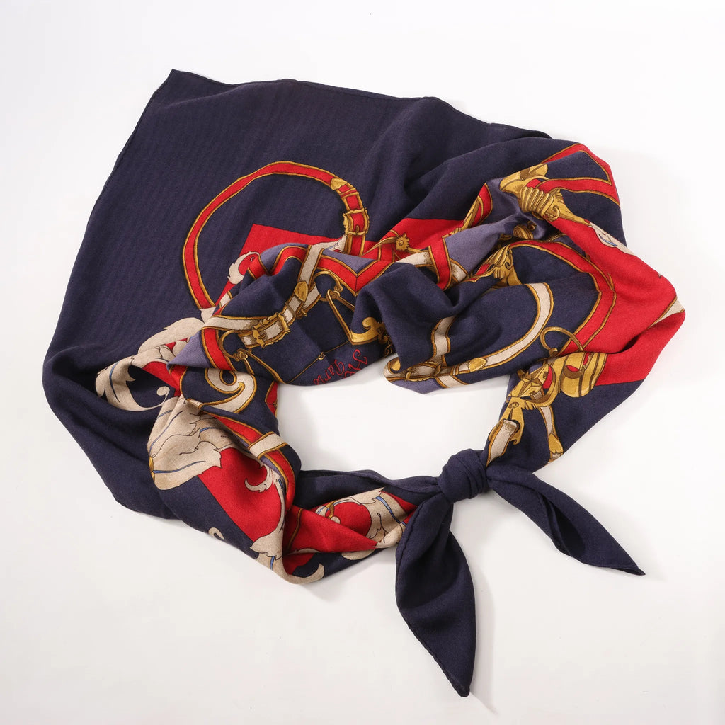 Hermès Carré Géant "L'INSTRUCTION DUROY" Cashmere & Silk Scarf in in Navy Blue x Red