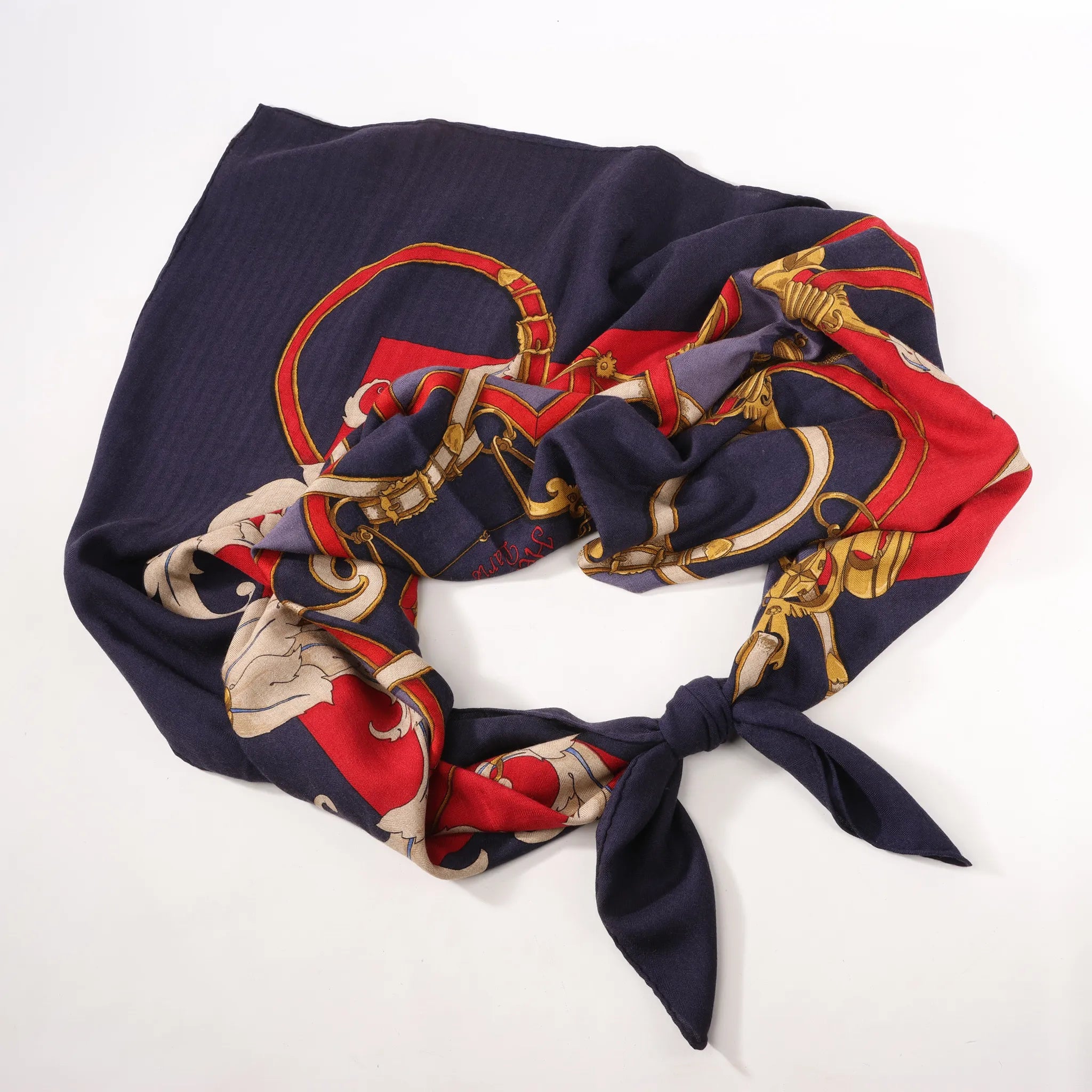 Hermès Carré Géant "L'INSTRUCTION DUROY" Cashmere & Silk Scarf in in Navy Blue x Red