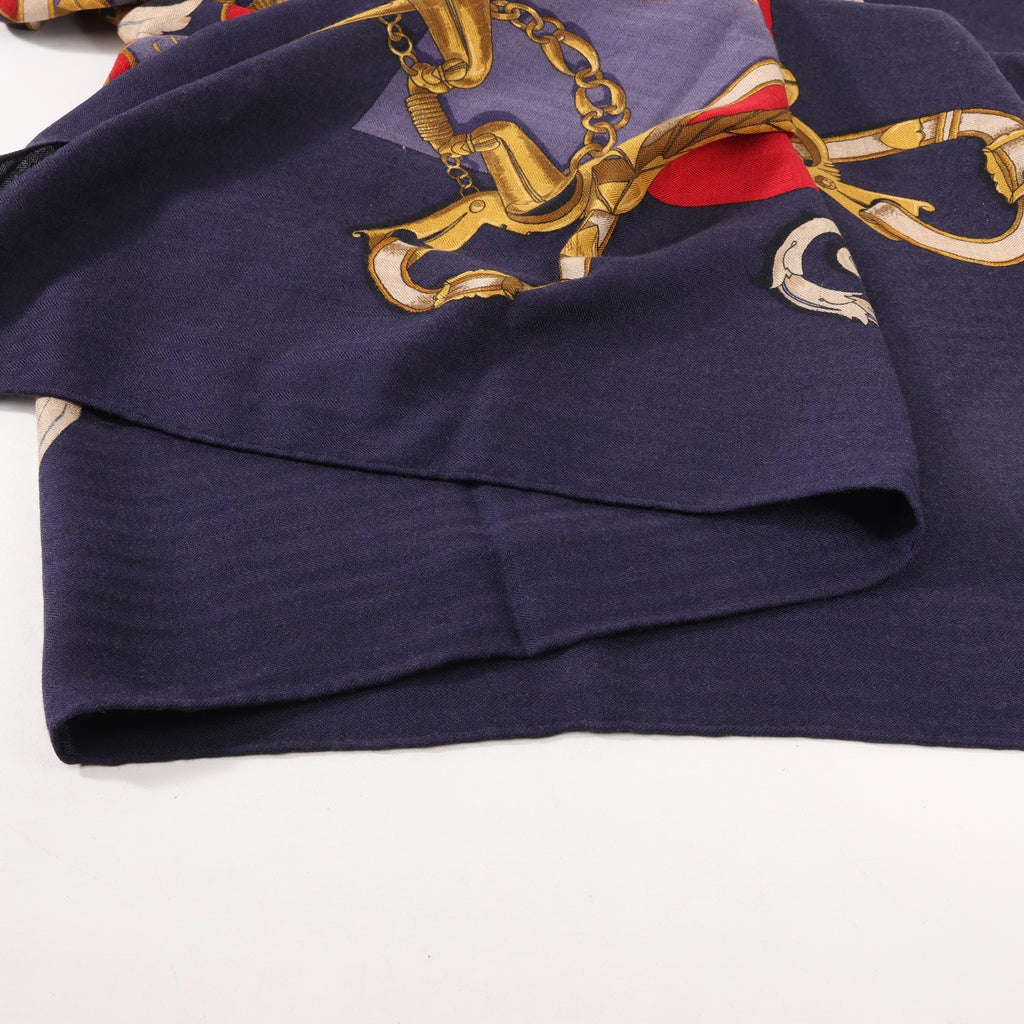 Hermès Carré Géant "L'INSTRUCTION DUROY" Cashmere & Silk Scarf in in Navy Blue x Red