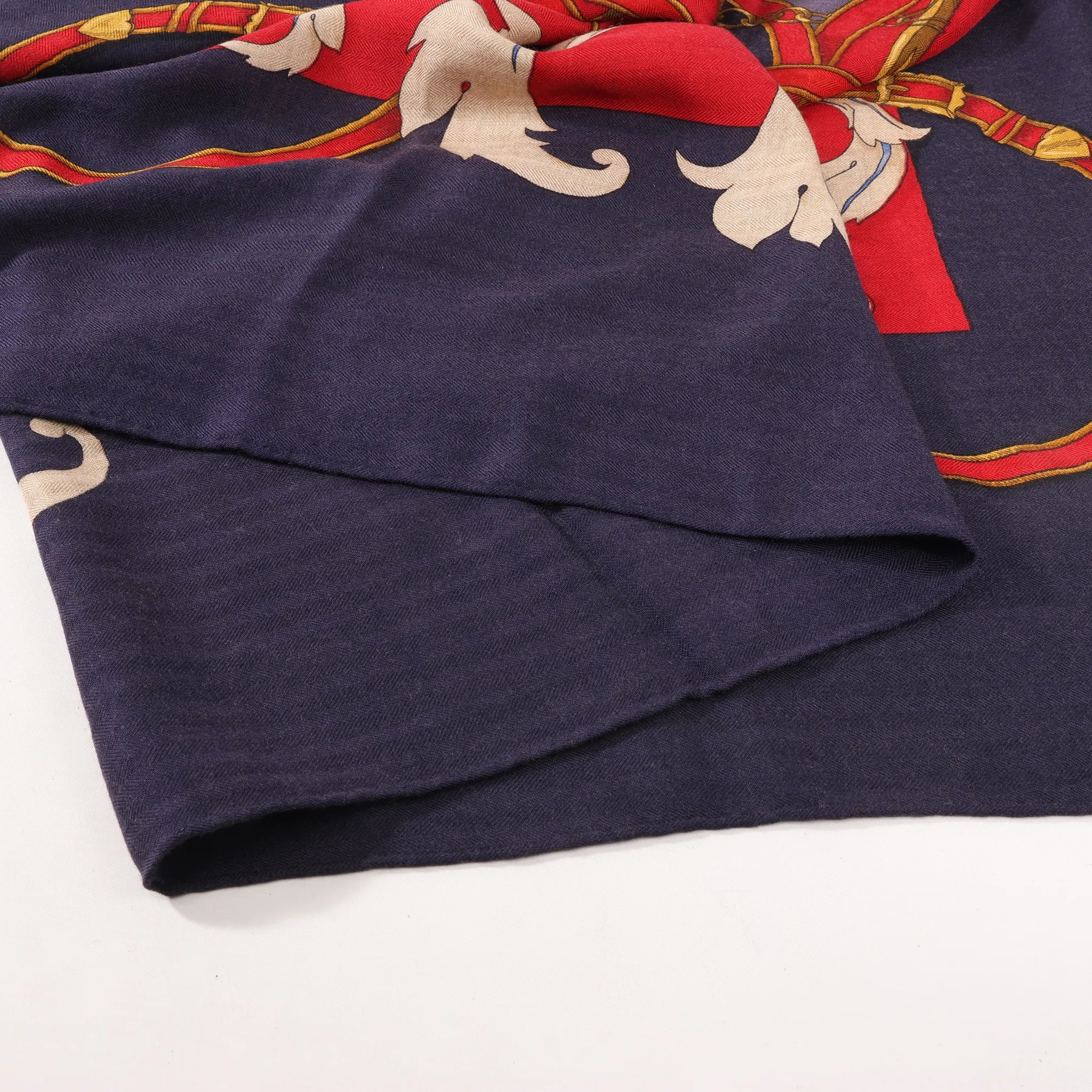 Hermès Carré Géant "L'INSTRUCTION DUROY" Cashmere & Silk Scarf in in Navy Blue x Red