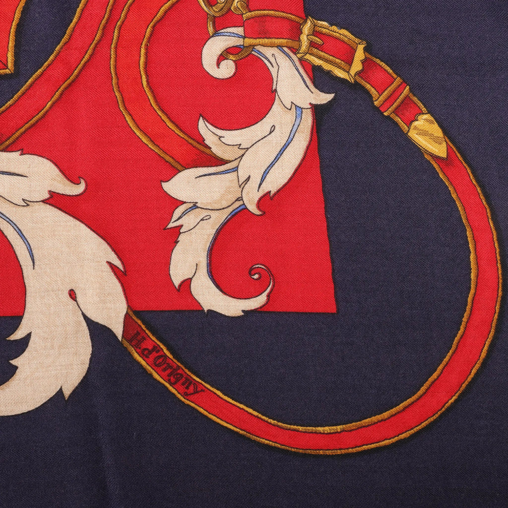 Hermès Carré Géant "L'INSTRUCTION DUROY" Cashmere & Silk Scarf in in Navy Blue x Red