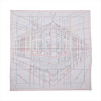 Hermès Carré Géant “Pique Sellier” gray cashmere-silk scarf with multicolor line drawing of a building, red border, and “Hermès Paris” text