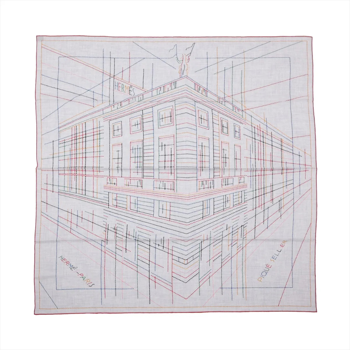 Hermès Carré Géant “Pique Sellier” gray cashmere-silk scarf with multicolor line drawing of a building, red border, and “Hermès Paris” text