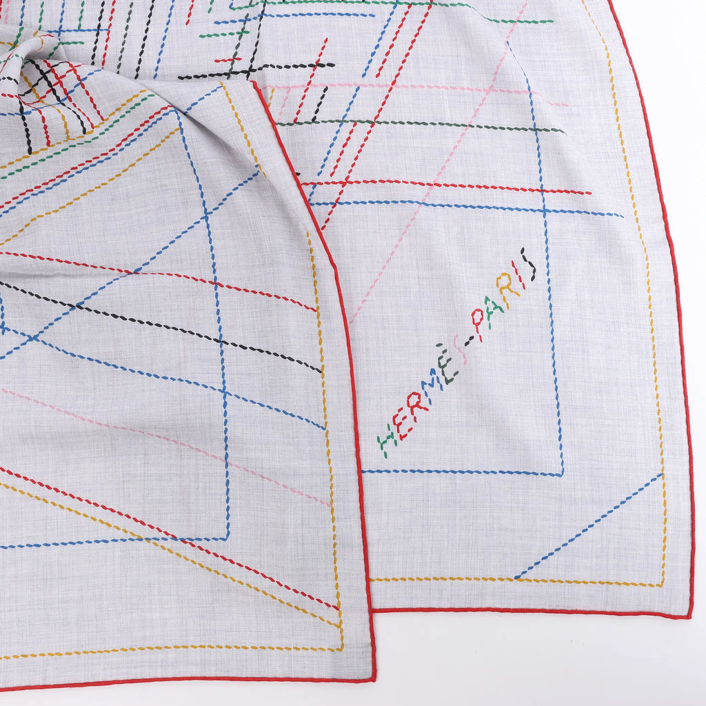 Hermès Carré Géant "PIQUE SELLIER" Cashmere & Silk Scarf in Gray