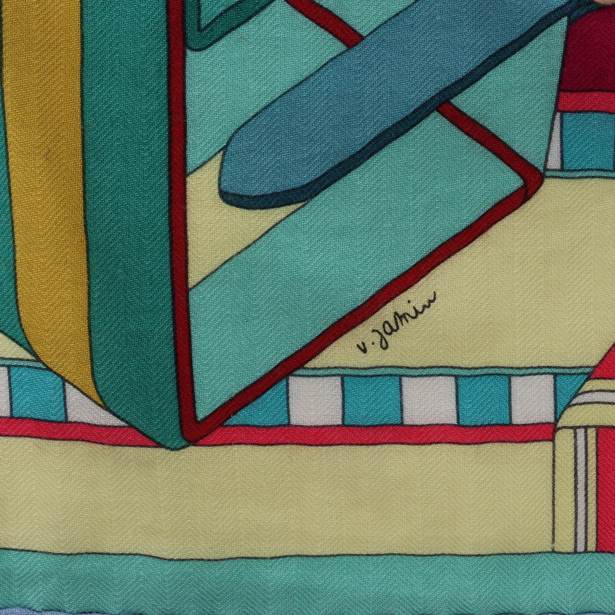 Hermès Carré Geant "SANGLES EN ZIGZAG" Cashmere and Silk Scarf in Green x Purple