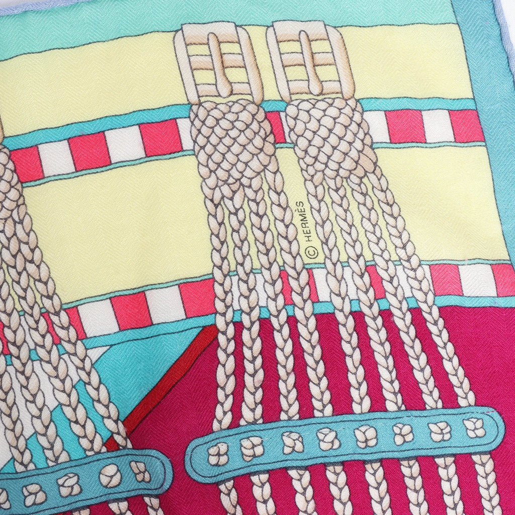 Hermès Carré Geant "SANGLES EN ZIGZAG" Cashmere and Silk Scarf in Green x Purple