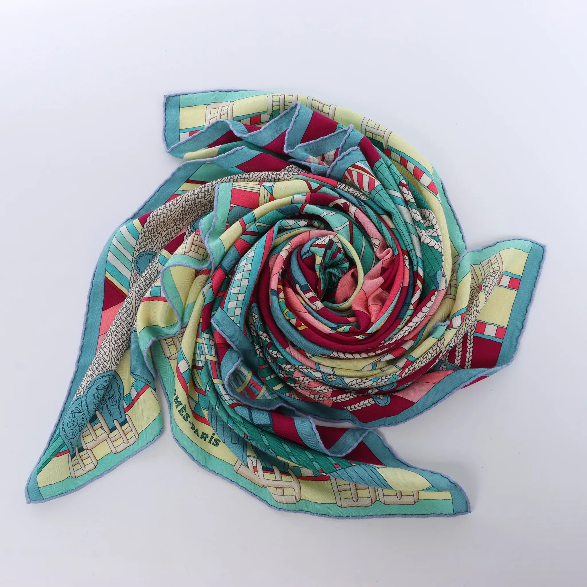 Hermès Carré Geant "SANGLES EN ZIGZAG" Cashmere and Silk Scarf in Green x Purple