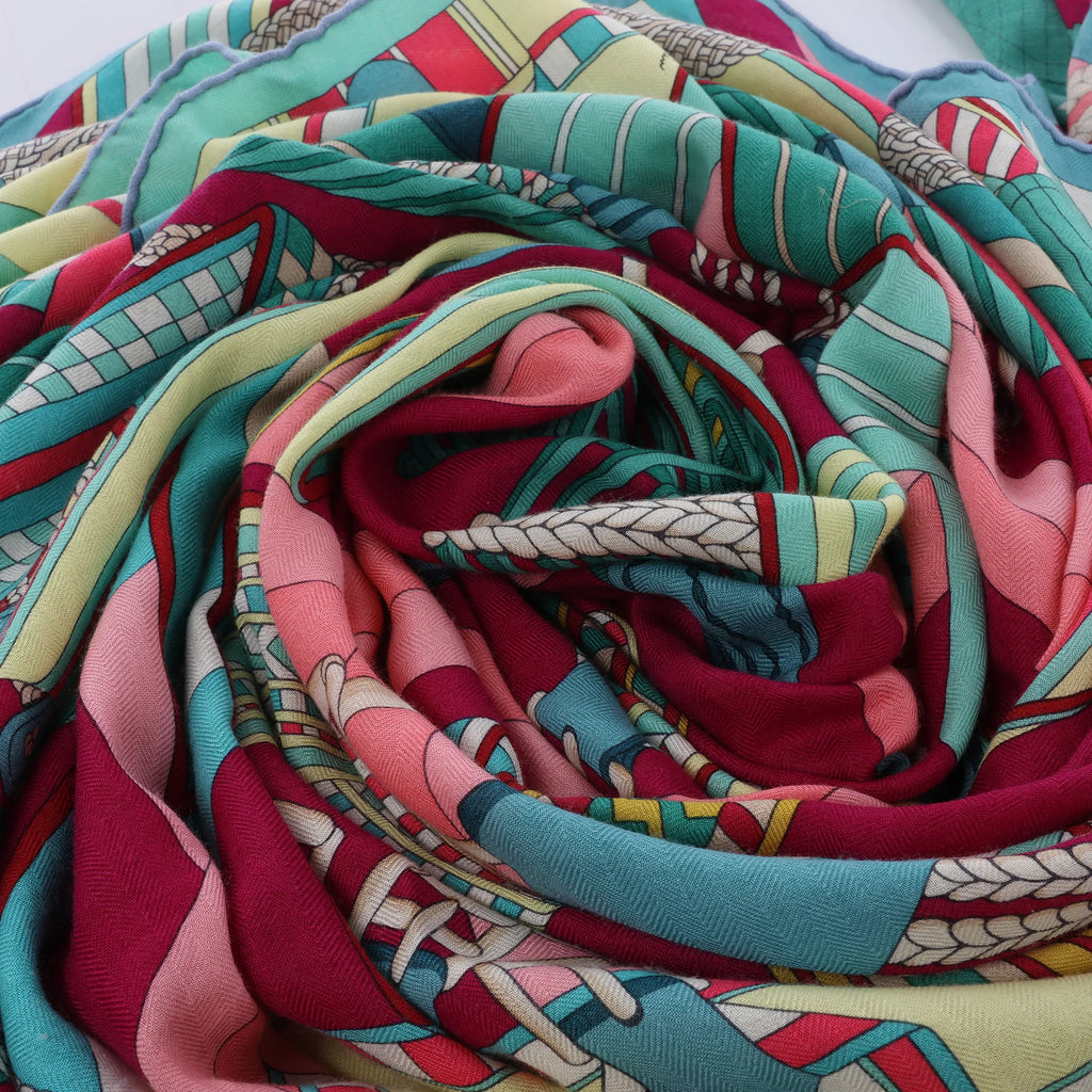 Hermès Carré Geant "SANGLES EN ZIGZAG" Cashmere and Silk Scarf in Green x Purple