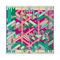 Hermès Carré Géant Sangles en Zigzag scarf in green, purple, pink, and cream with geometric equestrian strap print and teal border on white background.