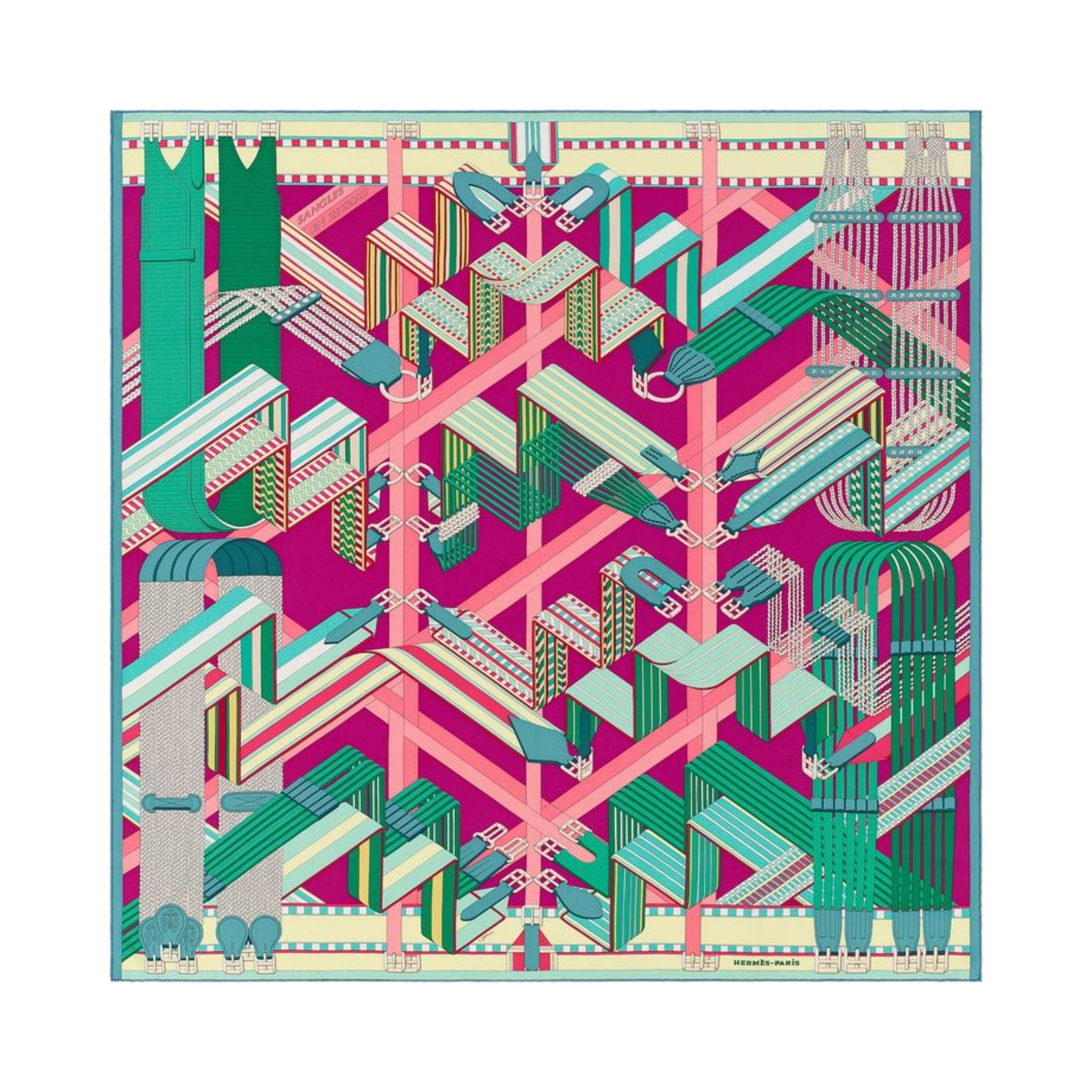 Hermès Carré Géant Sangles en Zigzag scarf in green, purple, pink, and cream with geometric equestrian strap print and teal border on white background.