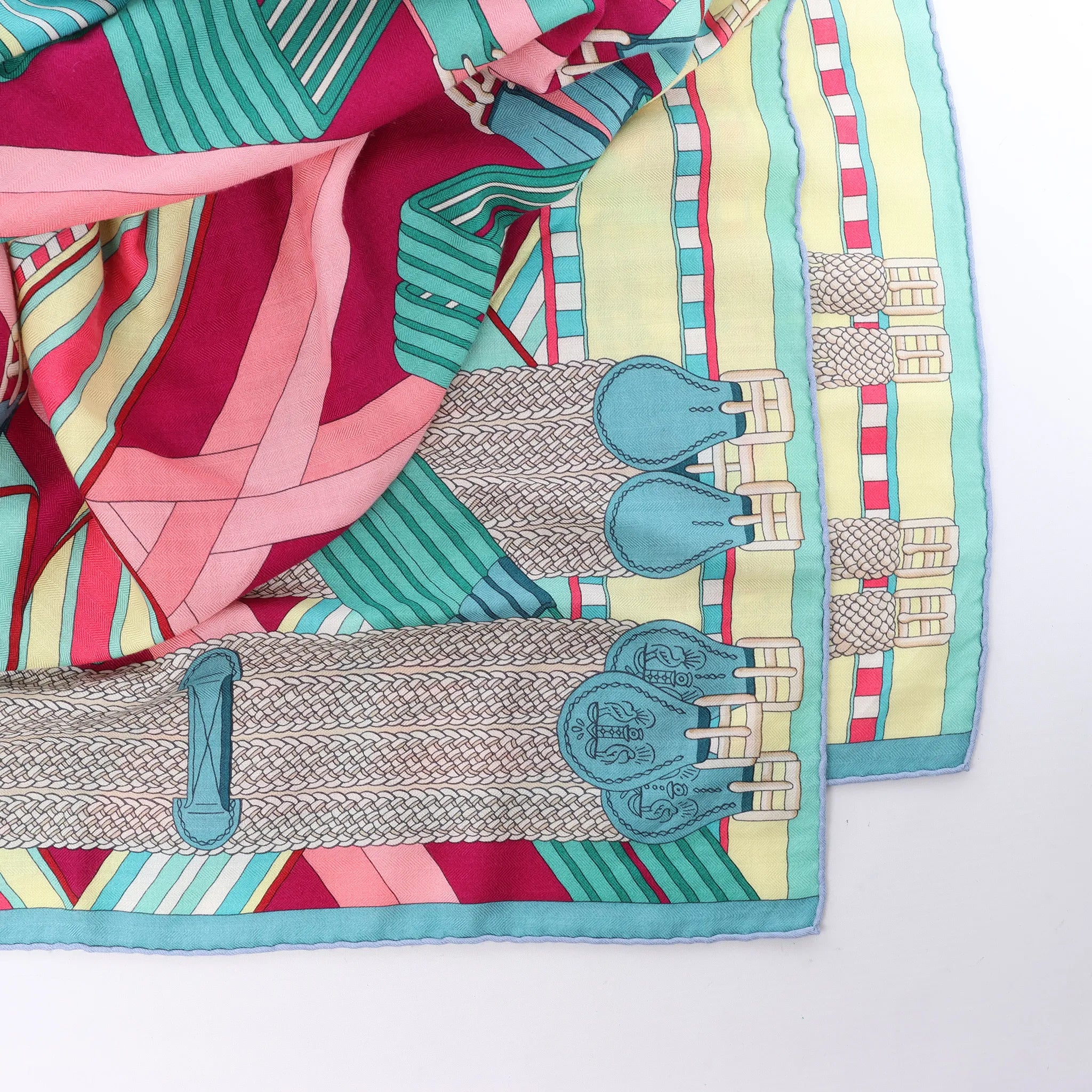 Hermès Carré Geant "SANGLES EN ZIGZAG" Cashmere and Silk Scarf in Green x Purple