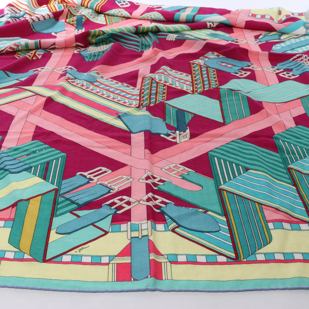 Hermès Carré Geant "SANGLES EN ZIGZAG" Cashmere and Silk Scarf in Green x Purple