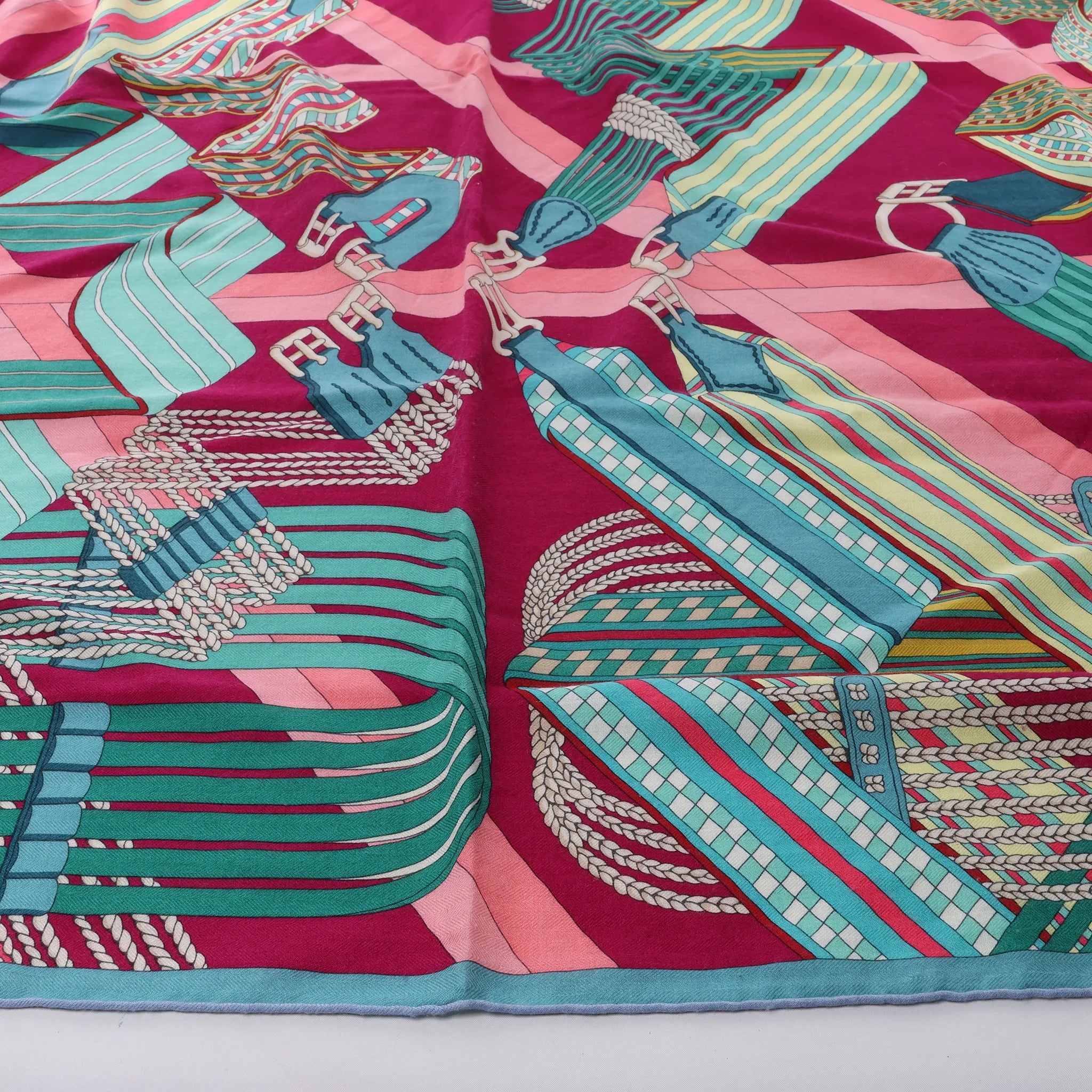Hermès Carré Geant "SANGLES EN ZIGZAG" Cashmere and Silk Scarf in Green x Purple