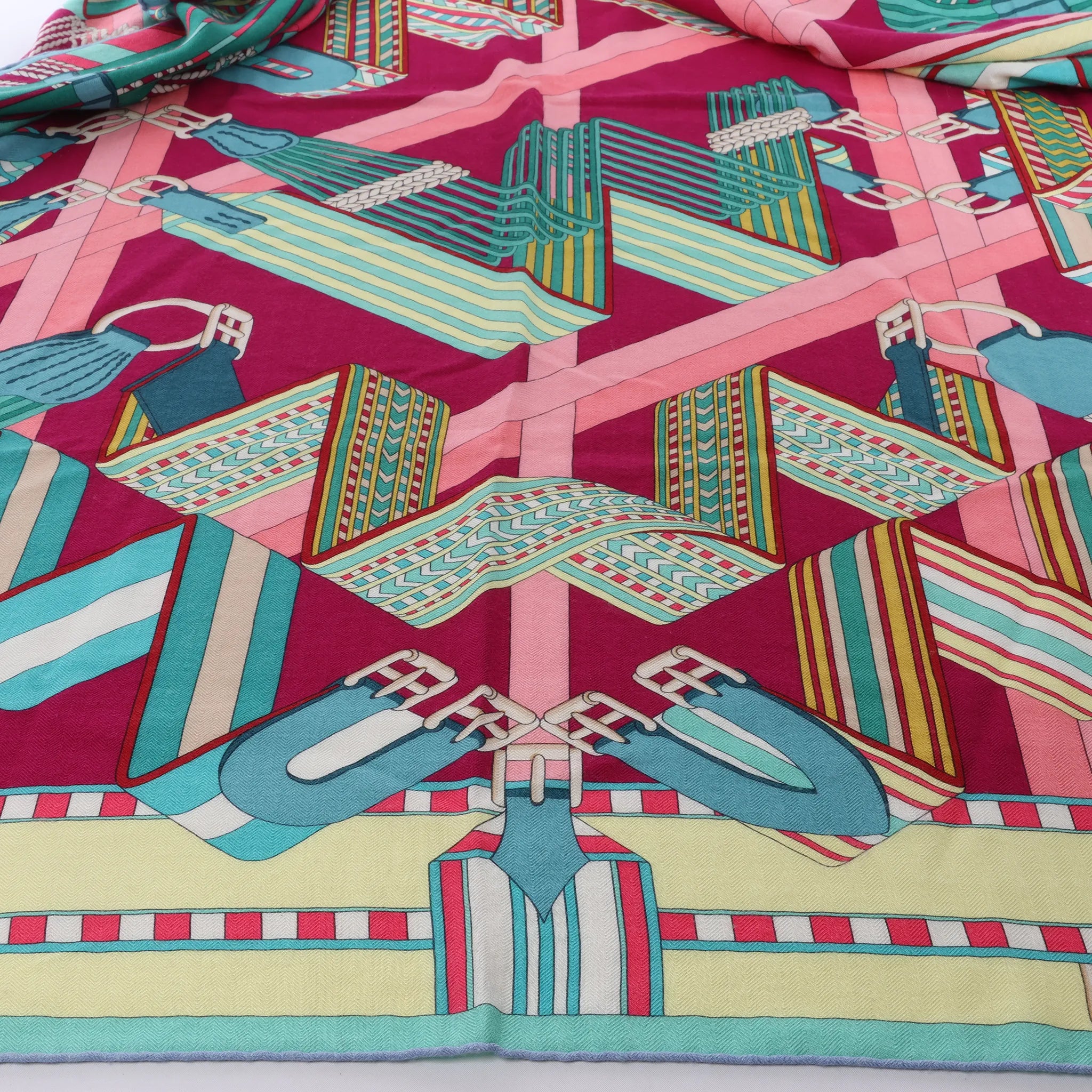 Hermès Carré Geant "SANGLES EN ZIGZAG" Cashmere and Silk Scarf in Green x Purple