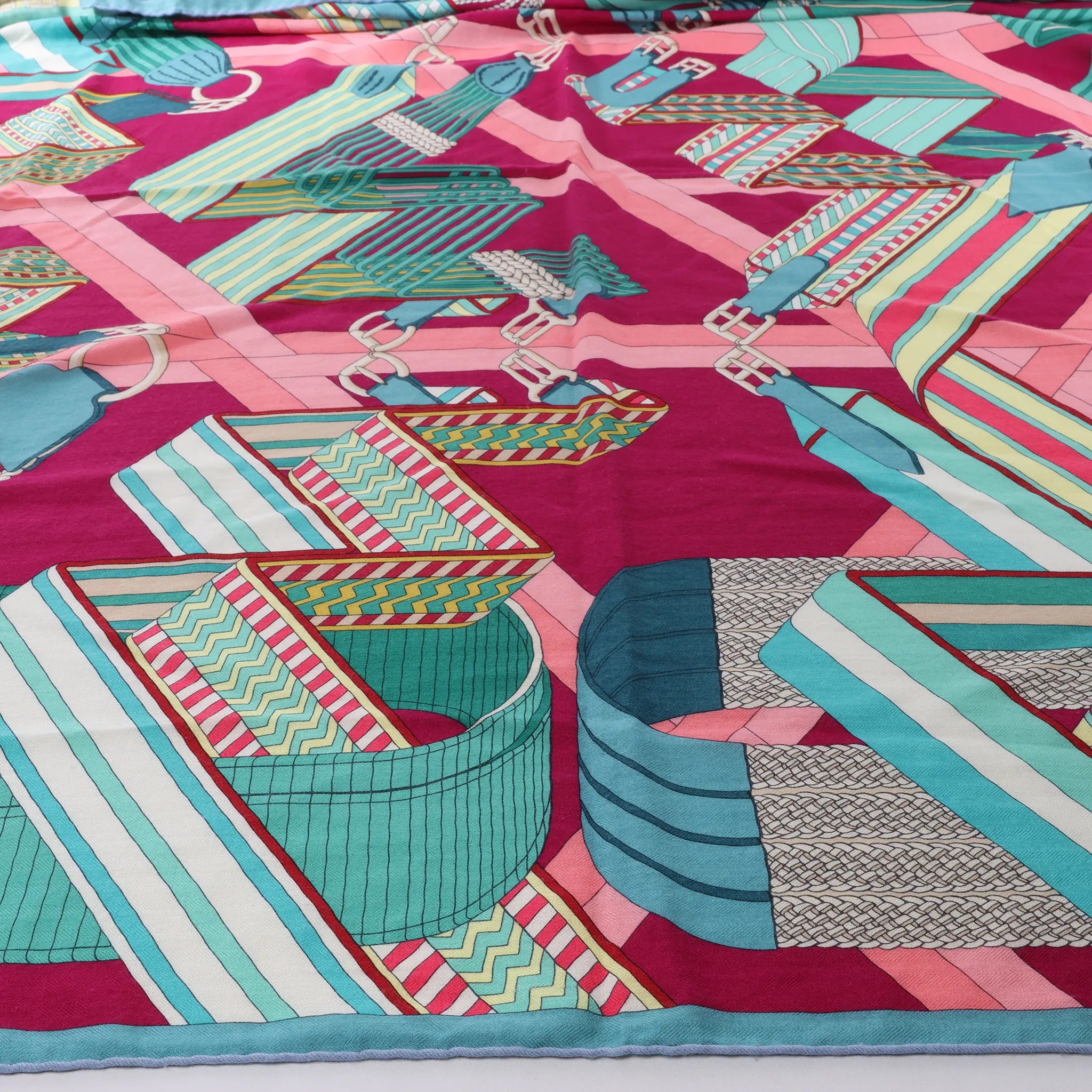 Hermès Carré Geant "SANGLES EN ZIGZAG" Cashmere and Silk Scarf in Green x Purple