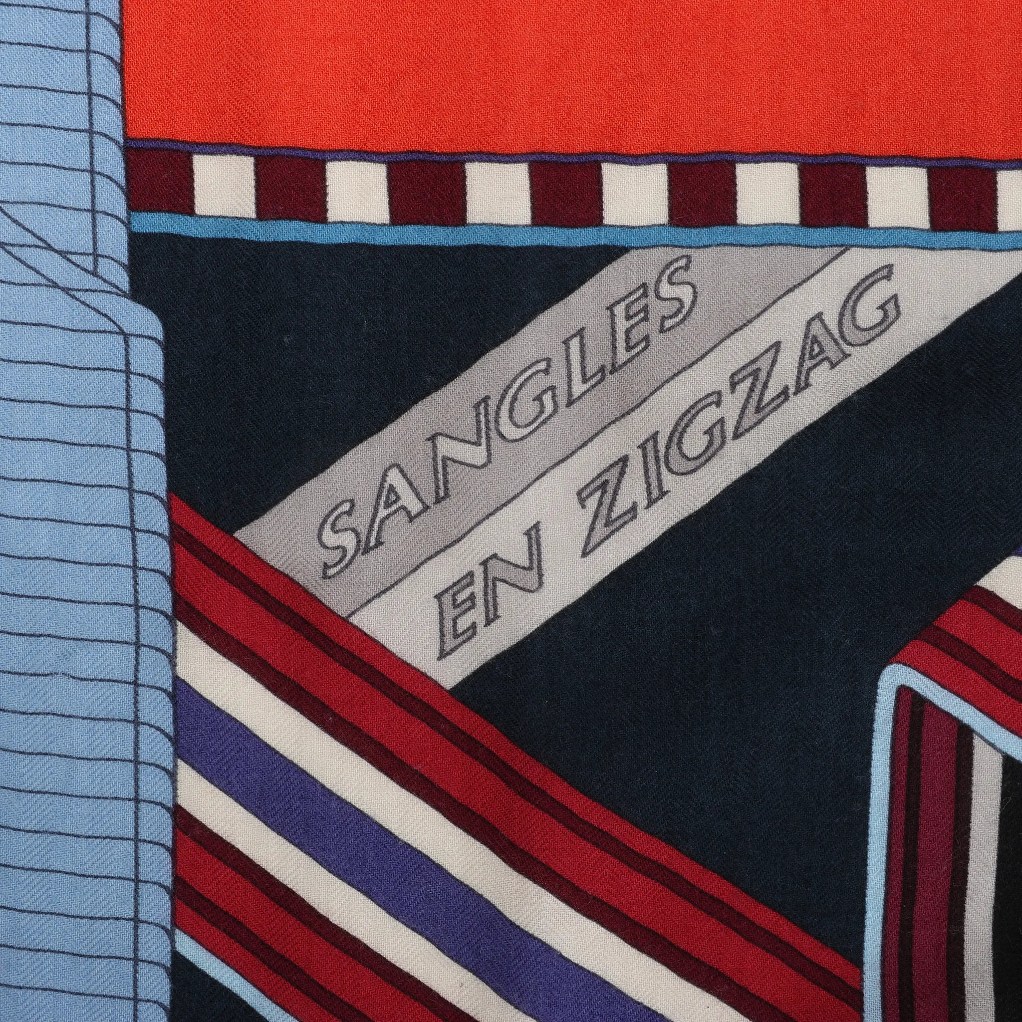 Hermès Carré Géant "SANGLES EN ZIGZAG" Cashmere x Silk scarf in Blue x Red