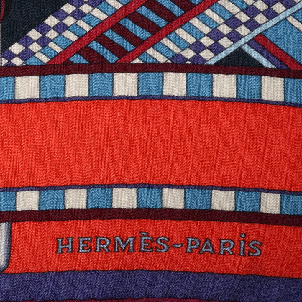 Hermès Carré Géant "SANGLES EN ZIGZAG" Cashmere x Silk scarf in Blue x Red