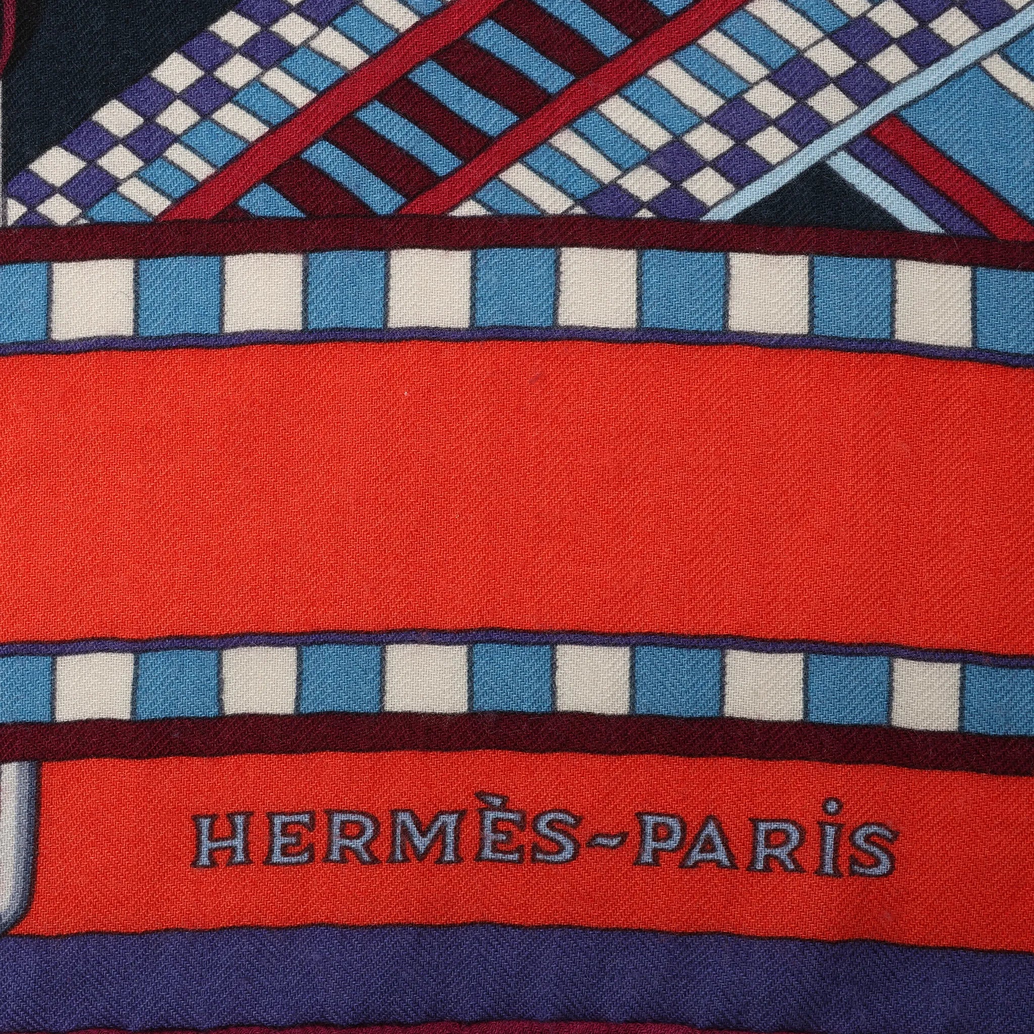 Hermès Carré Géant "SANGLES EN ZIGZAG" Cashmere x Silk scarf in Blue x Red