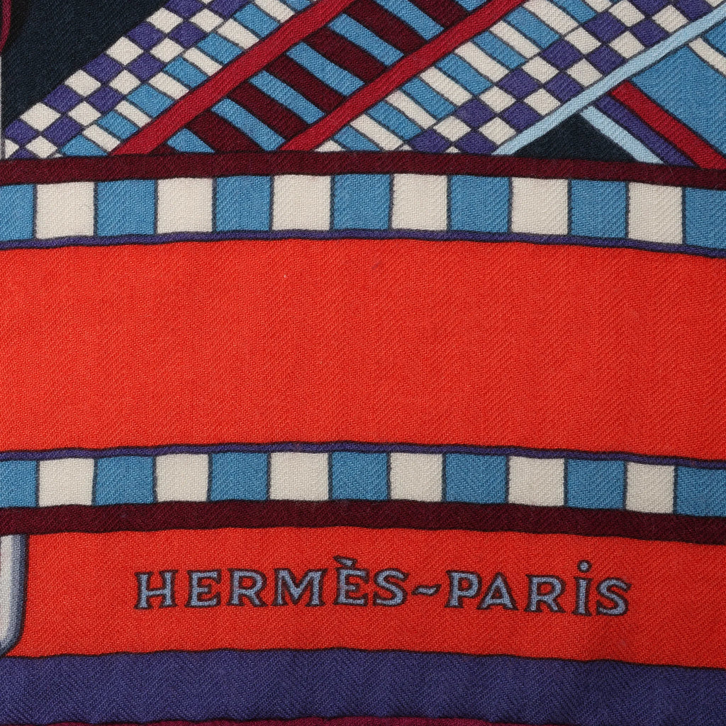 Hermès Carré Géant "SANGLES EN ZIGZAG" Cashmere x Silk scarf in Blue x Red