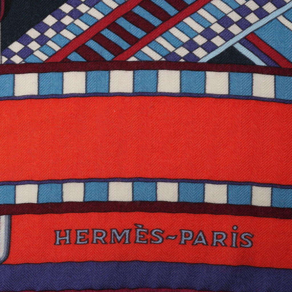 Hermès Carré Géant "SANGLES EN ZIGZAG" Cashmere x Silk scarf in Blue x Red