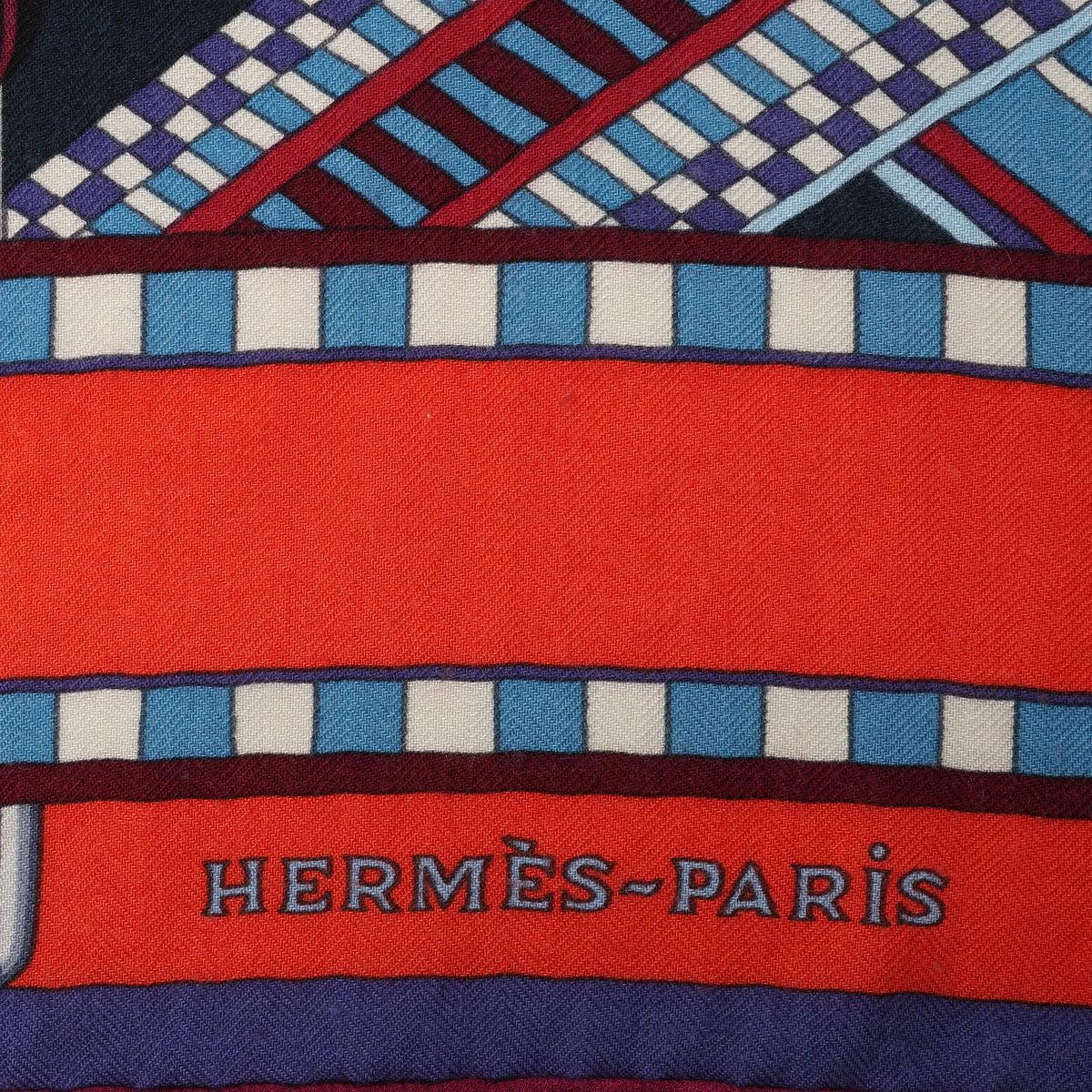 Hermès Carré Géant "SANGLES EN ZIGZAG" Cashmere x Silk scarf in Blue x Red
