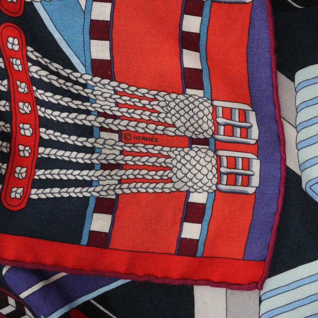 Hermès Carré Géant "SANGLES EN ZIGZAG" Cashmere x Silk scarf in Blue x Red