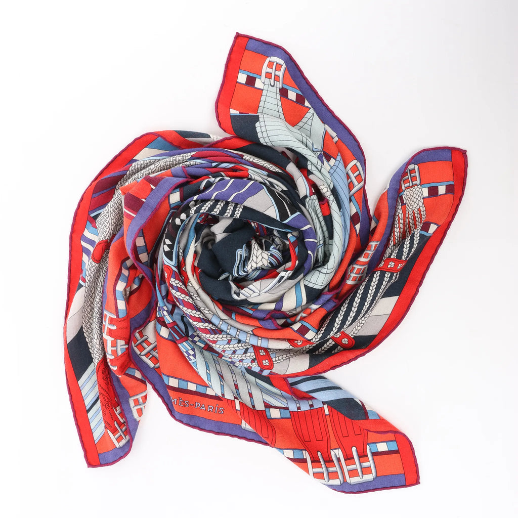 Hermès Carré Géant "SANGLES EN ZIGZAG" Cashmere x Silk scarf in Blue x Red