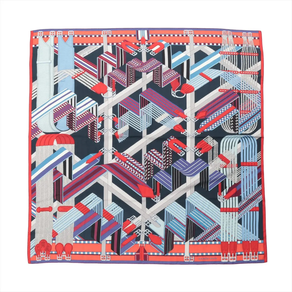 Hermès Carré Géant scarf in blue, red, and white with abstract zigzag strap and buckle pattern, geometric ribbon-like bands, and red border.