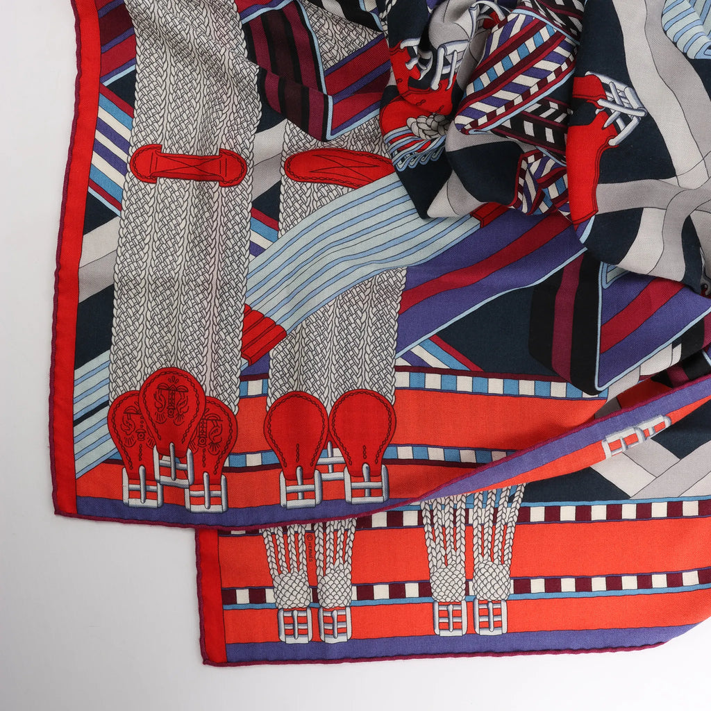 Hermès Carré Géant "SANGLES EN ZIGZAG" Cashmere x Silk scarf in Blue x Red