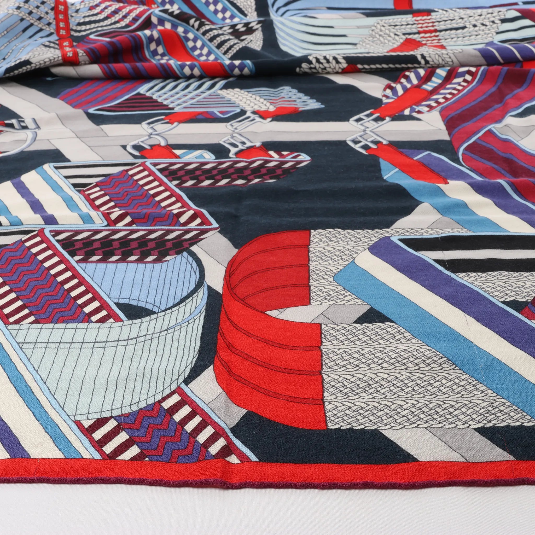 Hermès Carré Géant "SANGLES EN ZIGZAG" Cashmere x Silk scarf in Blue x Red