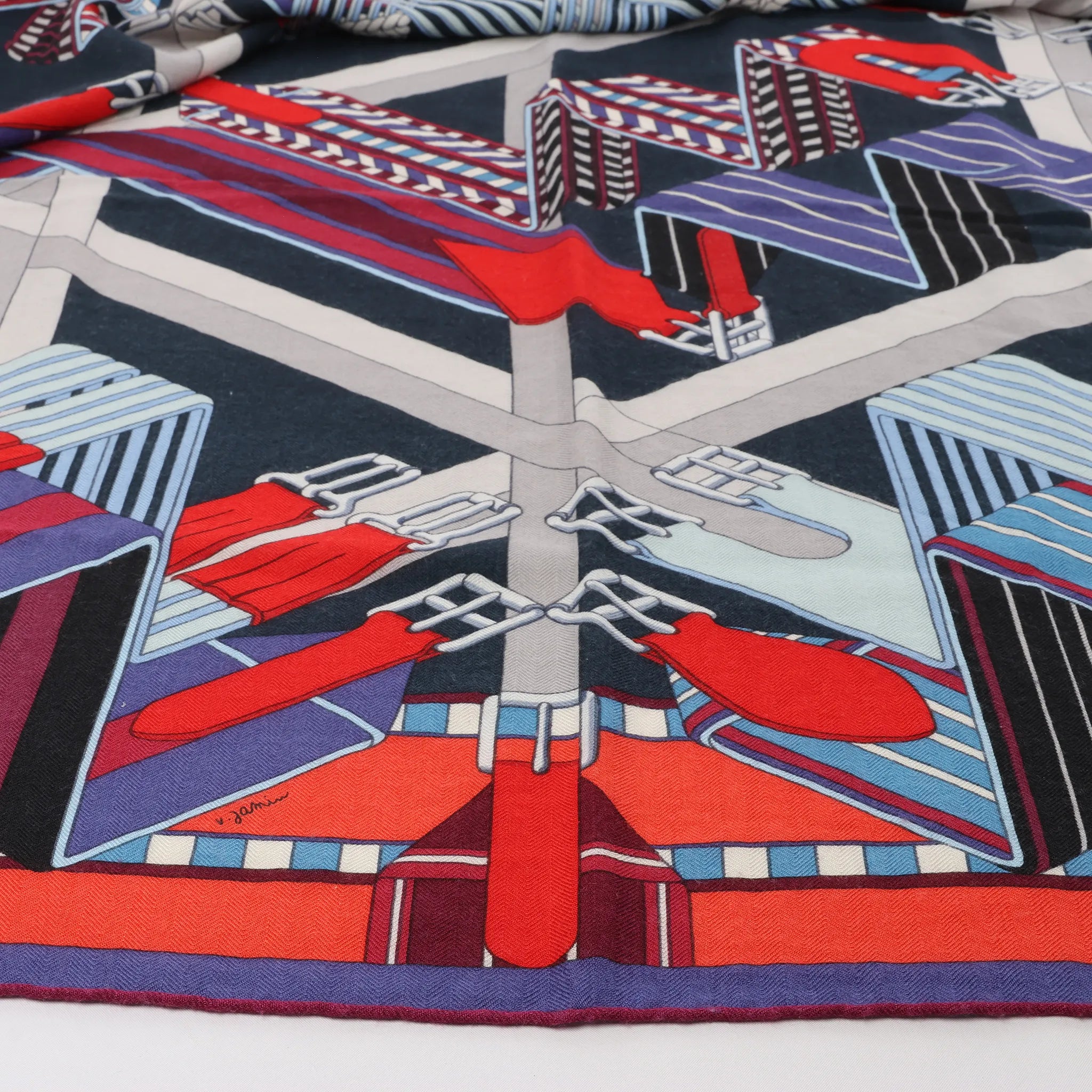 Hermès Carré Géant "SANGLES EN ZIGZAG" Cashmere x Silk scarf in Blue x Red