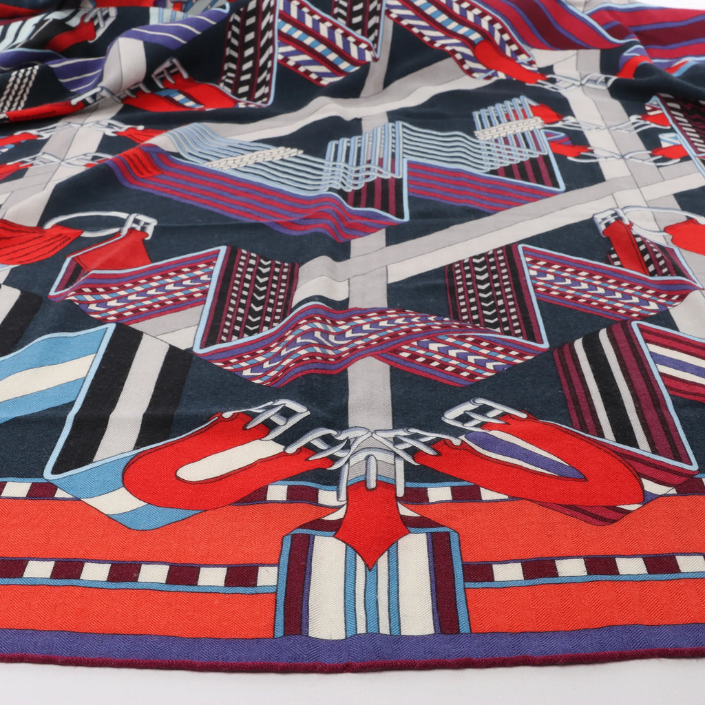 Hermès Carré Géant "SANGLES EN ZIGZAG" Cashmere x Silk scarf in Blue x Red