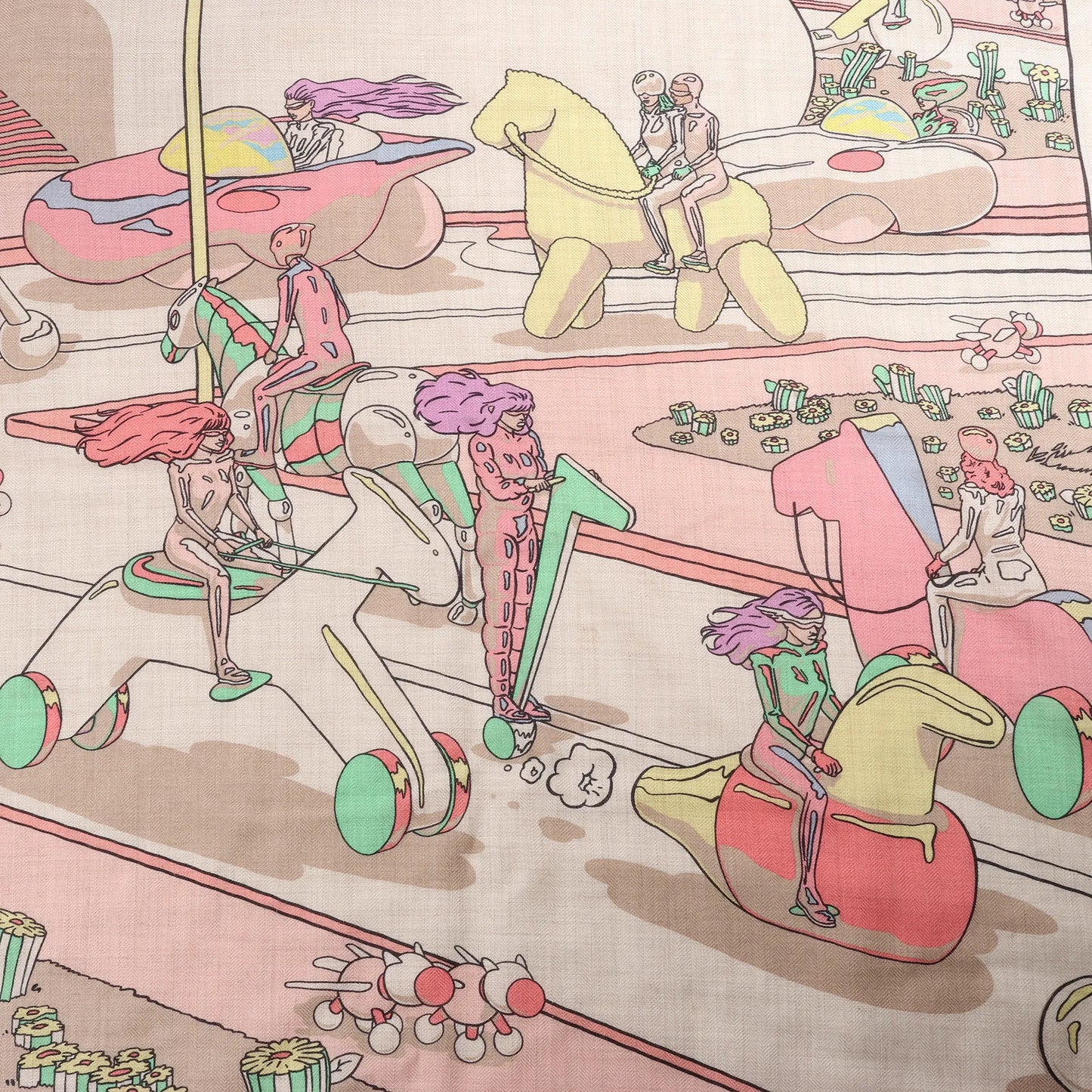 Hermès Carré Geant "LOCOMOTION" Cashmere and Silk Scarf in Beige