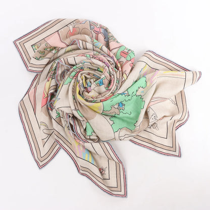 Hermès Carré Geant "LOCOMOTION" Cashmere and Silk Scarf in Beige