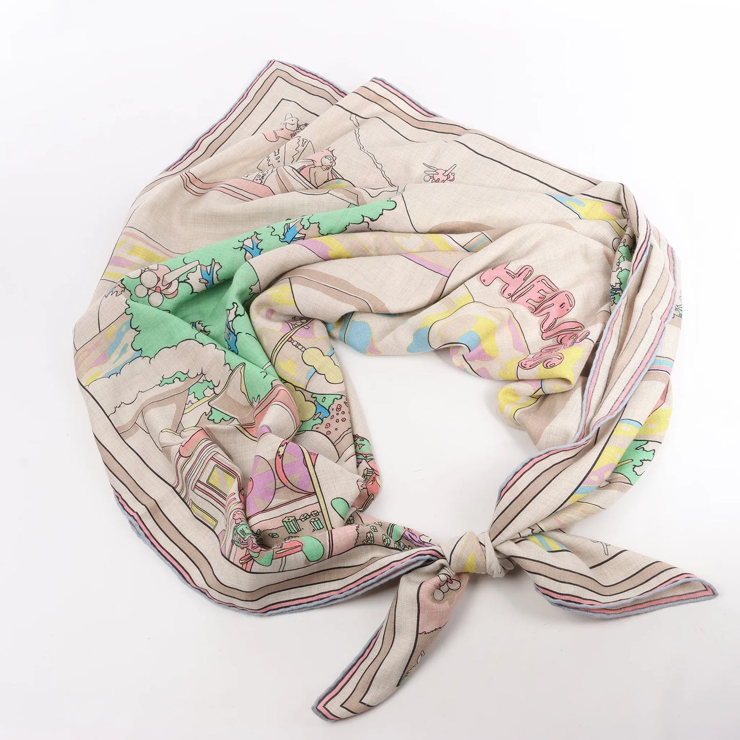 Hermès Carré Geant "LOCOMOTION" Cashmere and Silk Scarf in Beige