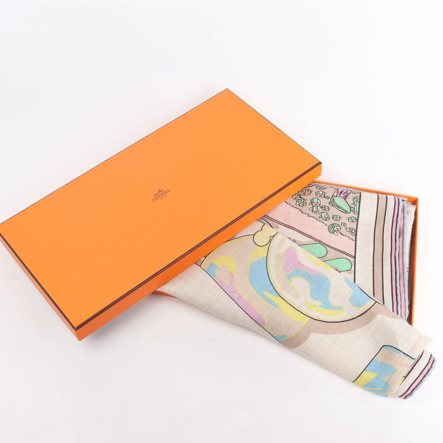 Hermès Carré Geant "LOCOMOTION" Cashmere and Silk Scarf in Beige