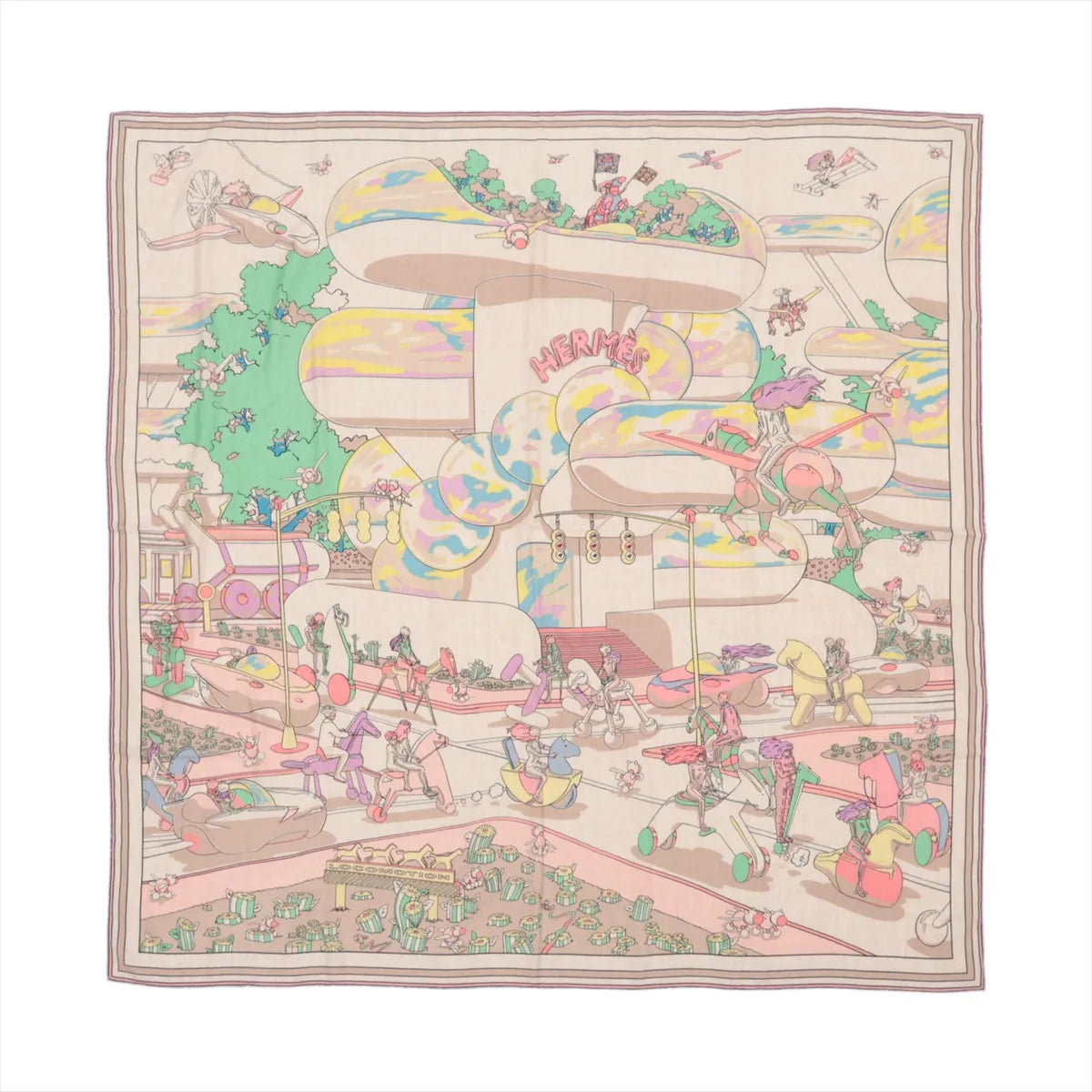 Hermès Carré Geant "Locomotion" scarf in beige, featuring a vibrant, detailed illustration of a futuristic, whimsical cityscape with characters riding robotic animals and flying machines, printed on a soft cashmere and silk fabric.