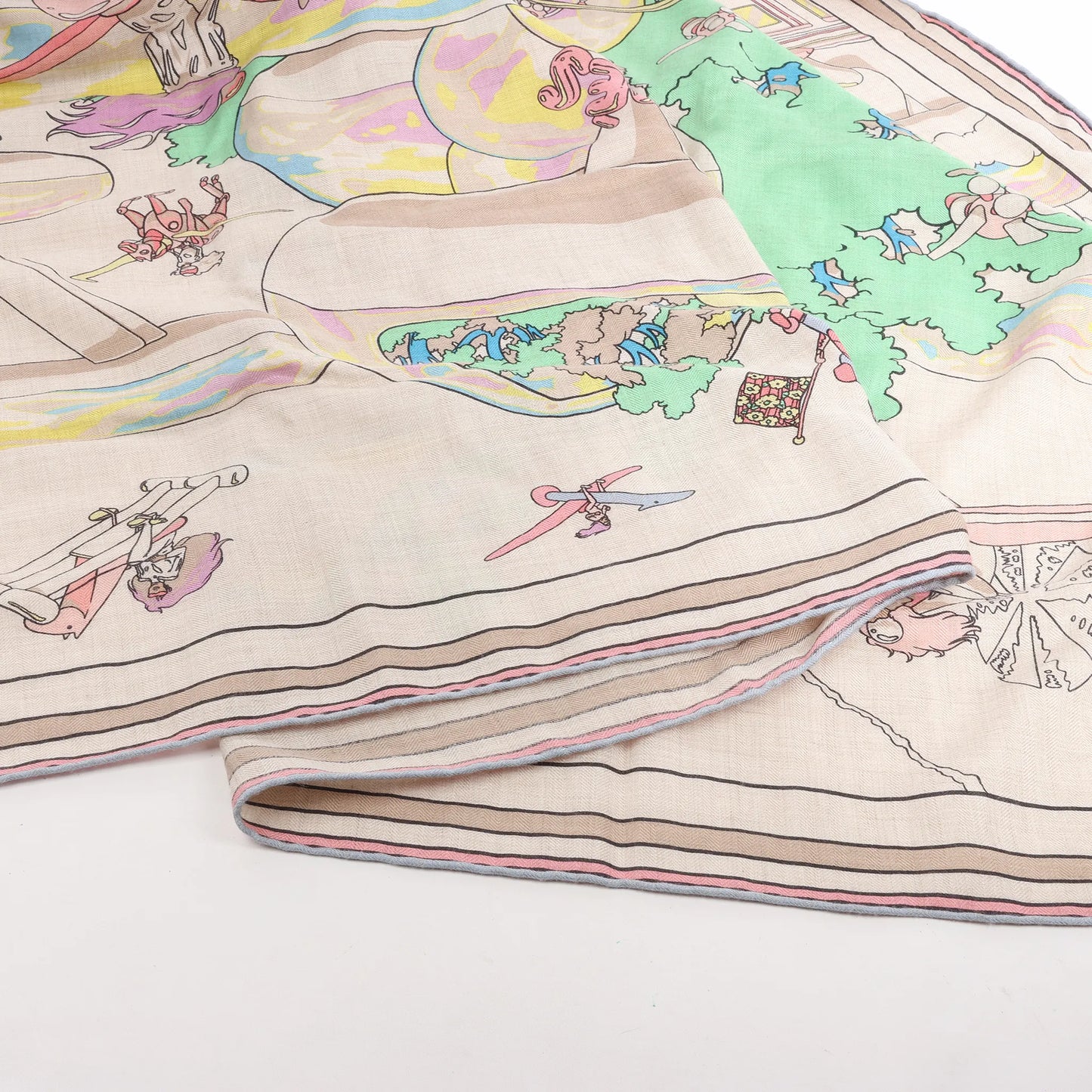 Hermès Carré Geant "LOCOMOTION" Cashmere and Silk Scarf in Beige